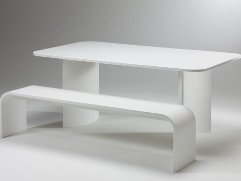 Gravitate, 'Arc' Corian Dining table and bench.